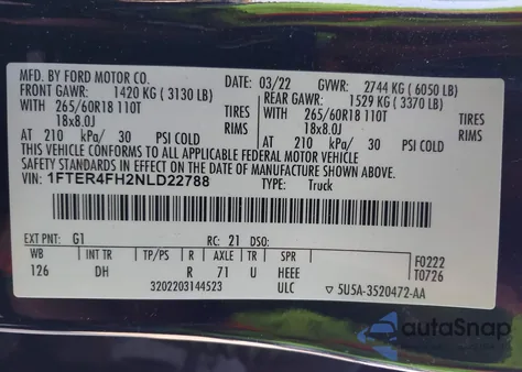 2022 Ford Ranger Lariat z USA, uszkodzony, nr VIN 1FTER4FH2NLD22788